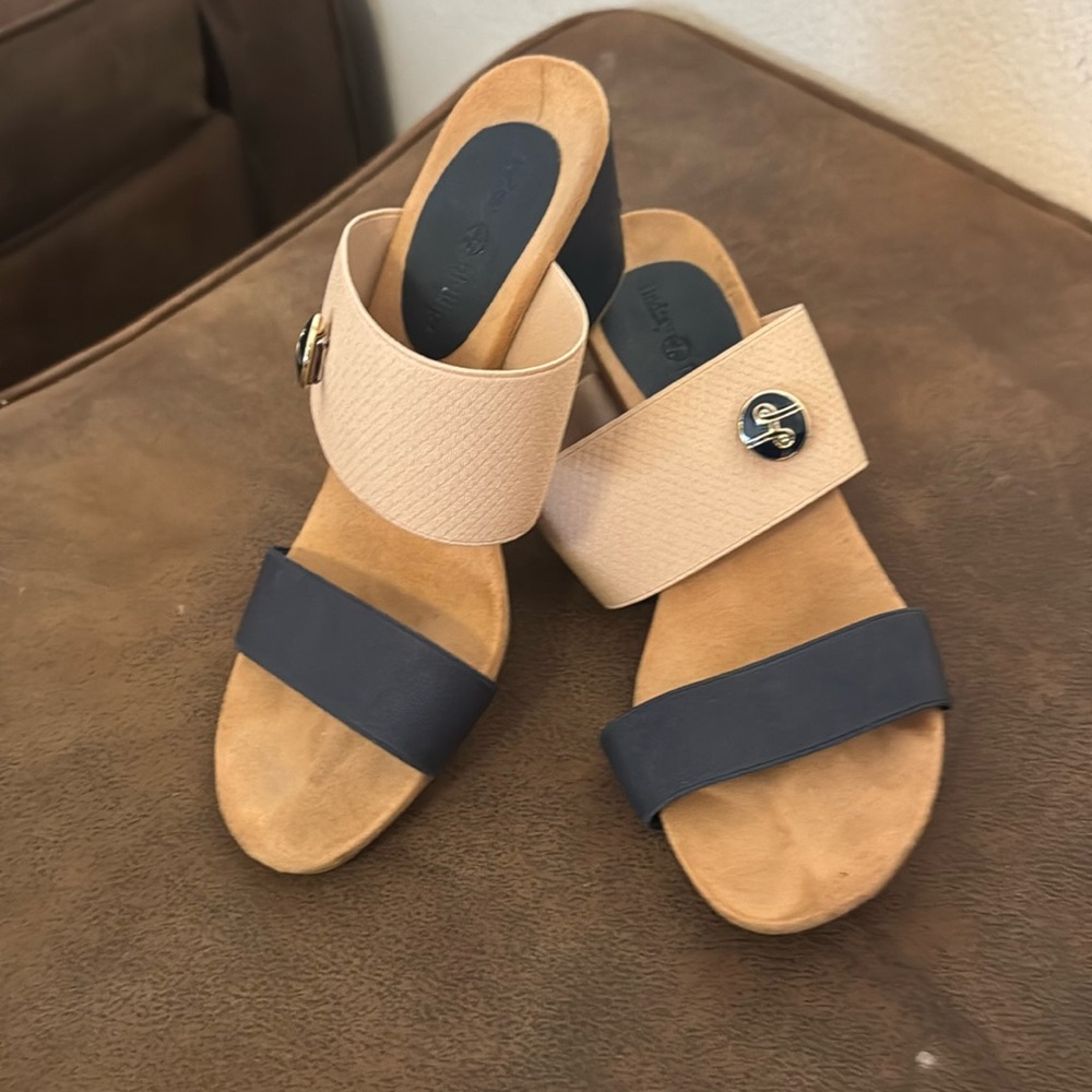 Lindsay Phillips Beige and Black Wedge Sandals